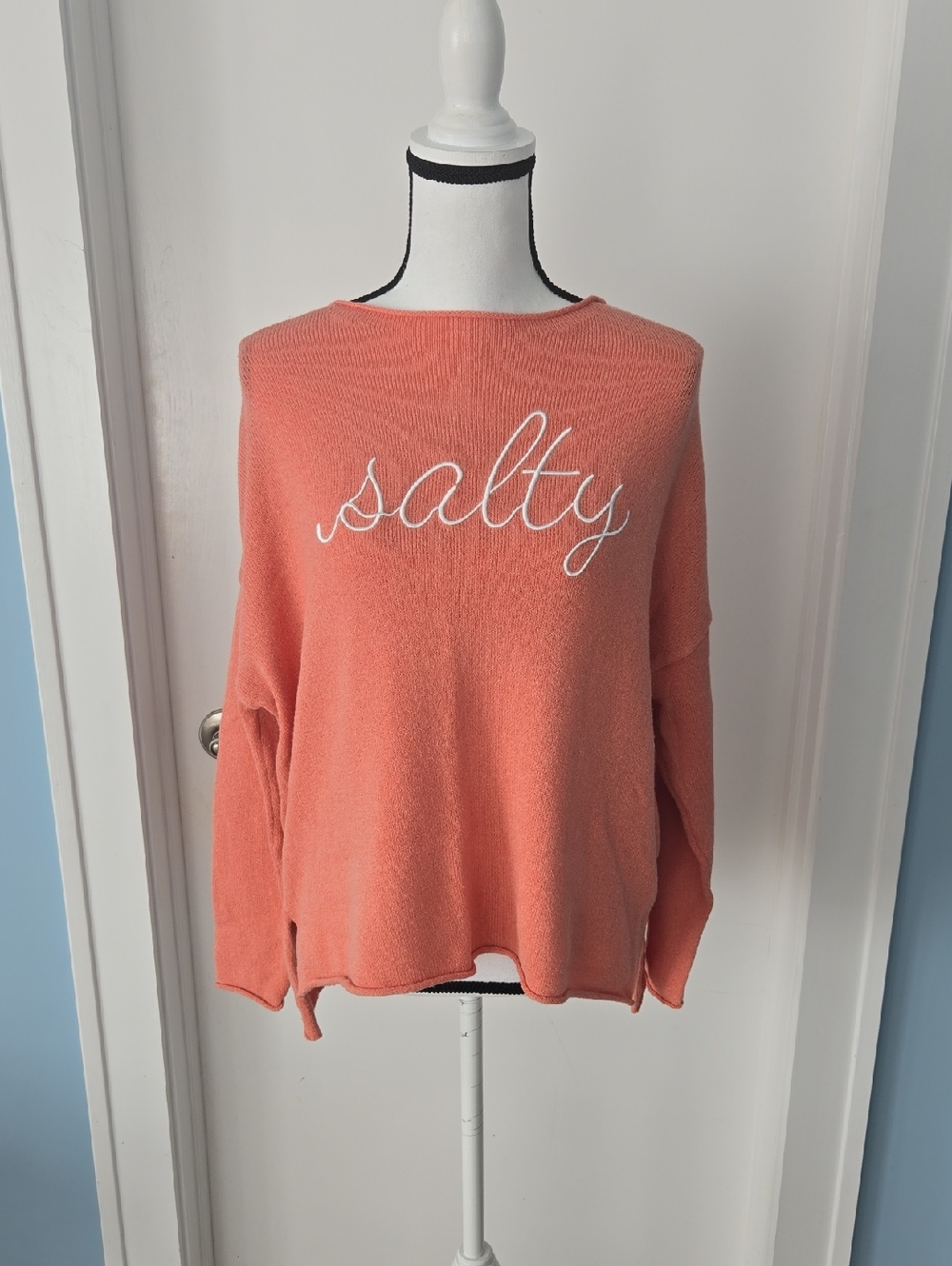 Mia & TESS Coral "salty" Embroidered SUMMER SPRING EASTER  Pullover Sweater S